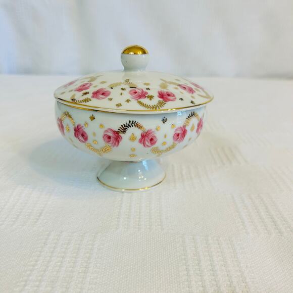 Pocelain Candy Dish Japan Lidded Pink Roses Gold Accents Lipper & Mann 30/12 - Picture 4 of 9